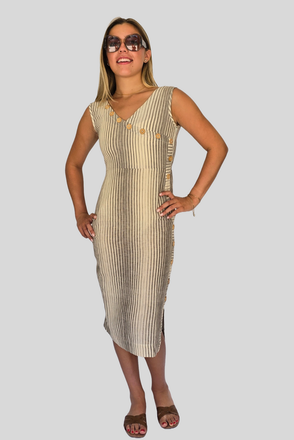 Lyra Stripes Handloom Cotton Midi Dress - Sleeveless